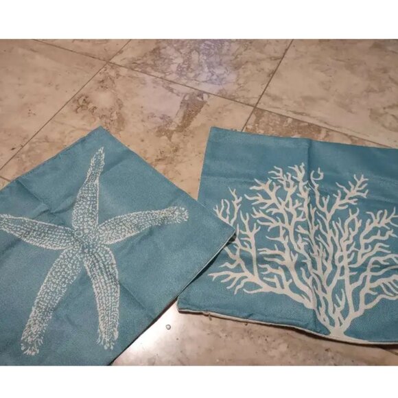 Beach Pillow Covers Cases Set Coastal Cottage Nautical Decor Starfish Decoration - Picture 9 of 9